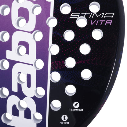 Close-up of the Babolat Stima Vita Padel Racket - Black / Purple by Babolat, showing “STIMA VITA,” “LIGHT WEIGHT,” and “SOFT EVA” text and circular holes on its lightweight surface.