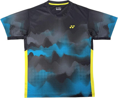 The Yonex YTL2025B Womens Padel T-Shirt in black is a short-sleeve athletic top made from breathable sports fabric, featuring a pixelated black, gray, and blue pattern with yellow side accents and a small yellow Yonex logo on the chest.