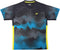 The Yonex YTL2025B Womens Padel T-Shirt in black is a short-sleeve athletic top made from breathable sports fabric, featuring a pixelated black, gray, and blue pattern with yellow side accents and a small yellow Yonex logo on the chest.