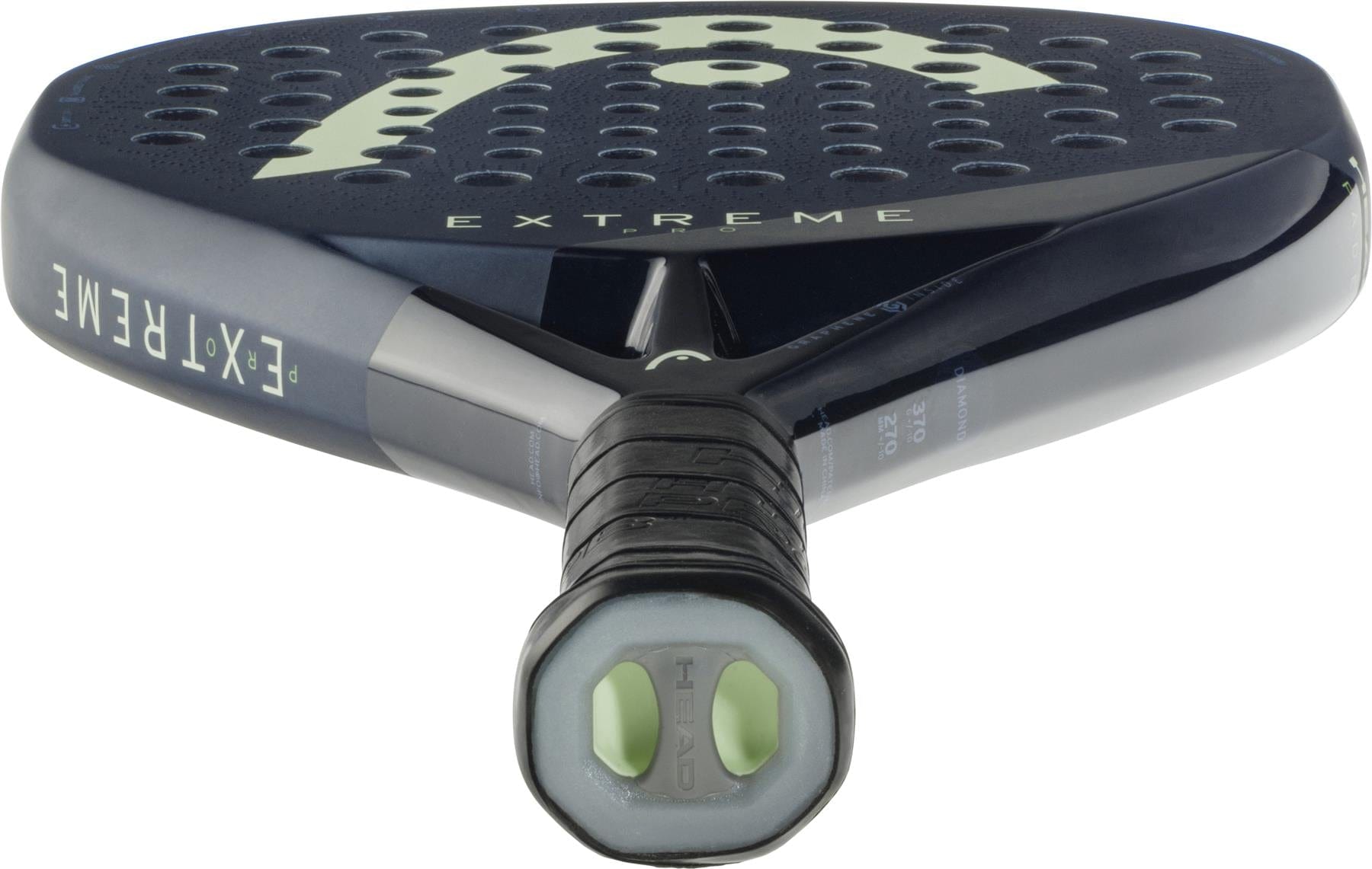 Close-up of the handle and lower part of the HEAD Extreme Pro 2025 Padel Racket - Blue, showing a hexagonal butt cap, diamond-shaped head, black and gray details, and “EXTREME” text on the frame.