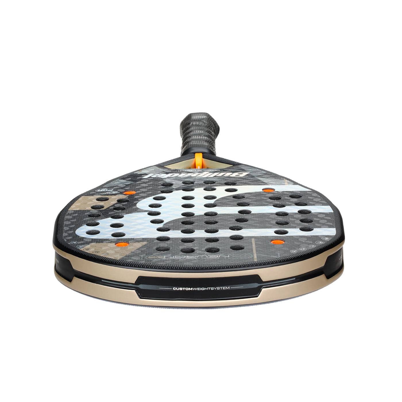 A close-up of the Bullpadel Neuron 02 2026 Padel Racket in black and gold, featuring multiple round holes on the face and orange accents, photographed against a white background.