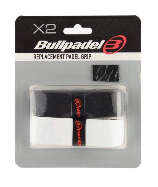 Packaging of Bullpadel Replacement Padel Grips in black and white, labeled "X2," includes two durable grips with a small black finishing tape.