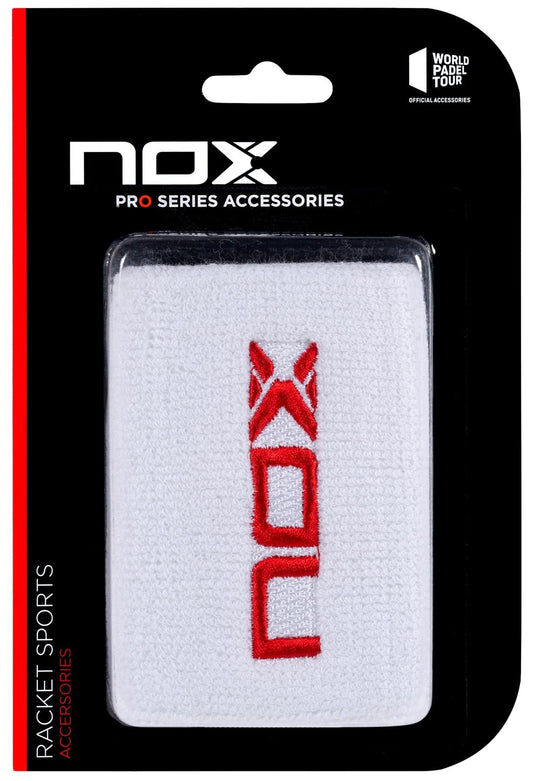 The NOX Padel Wristband - White / Red is a cotton fabric wristband for racket sports, featuring the NOX logo in red and World Padel Tour logo on black and red packaging. Ideal for fans of NOX accessories.