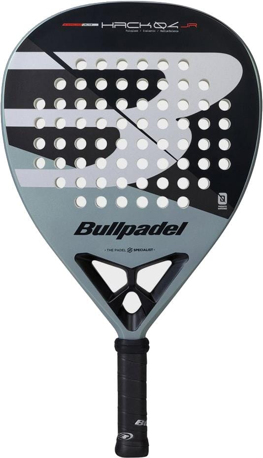 The Bullpadel HACK Junior 2026 Padel Racket by Bullpadel features a black and gray design with white accents, round perforations, and the Bullpadel logo below the string area, inspired by Paquito Navarro.
