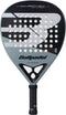 The Bullpadel HACK Junior 2026 Padel Racket by Bullpadel features a black and gray design with white accents, round perforations, and the Bullpadel logo below the string area, inspired by Paquito Navarro.