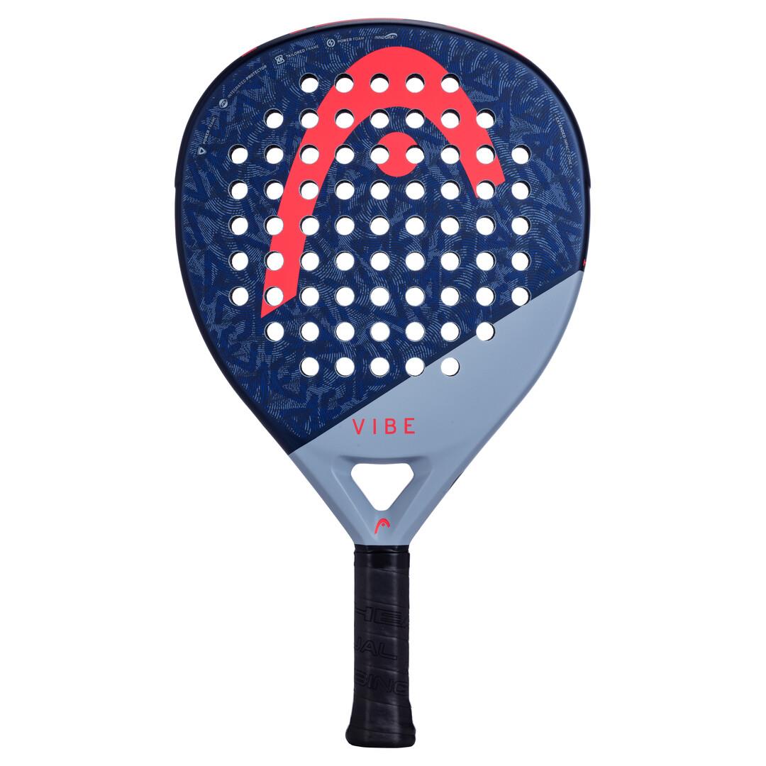 The HEAD Vibe 2025 Padel Racket in blue and red features an Integrated Protector System, black handle, perforated face design, and displays a red logo and "VIBE" text for improved durability during intense matches.