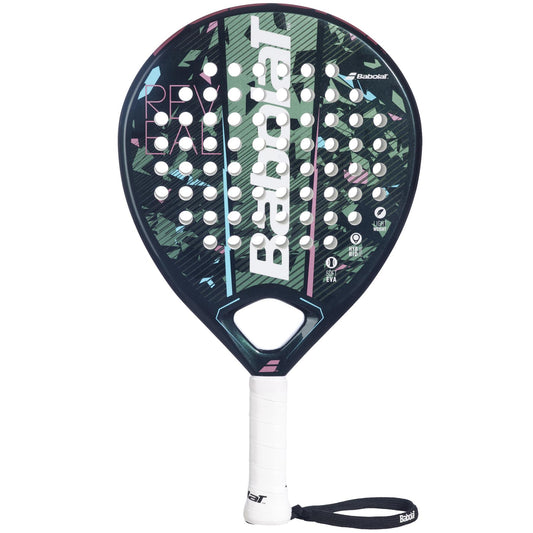 The Babolat Reveal Padel Racket is ideal for beginner padel players, showcasing a dark green and pink design with "Babolat" prominently displayed. Made from a carbon fiber and fiberglass composite, it features a perforated, oval-shaped face along with a white handle and wrist strap.