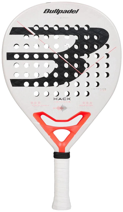 The Bullpadel Hack Advance 2026 Padel Racket features a white design with black and red accents, the Bullpadel "B" logo, circular holes, a white grip, a red triangle near the handle, and durable Glaphite construction.