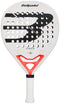 The Bullpadel Hack Advance 2026 Padel Racket features a white design with black and red accents, the Bullpadel "B" logo, circular holes, a white grip, a red triangle near the handle, and durable Glaphite construction.