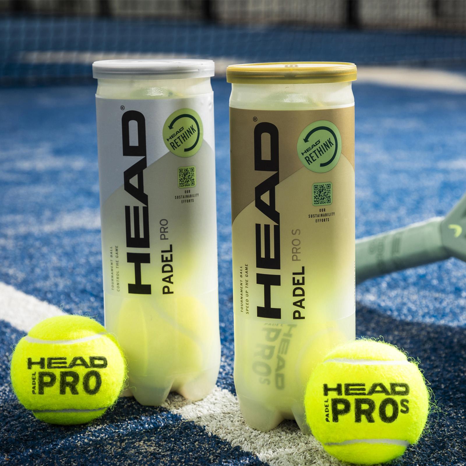 A pair of tubes labeled "Rethink," each containing HEAD Padel Pro S padel balls, are placed on a blue court. In front, two yellow tournament balls branded with "HEAD" rest near the handle of a visible padel racket on the right.