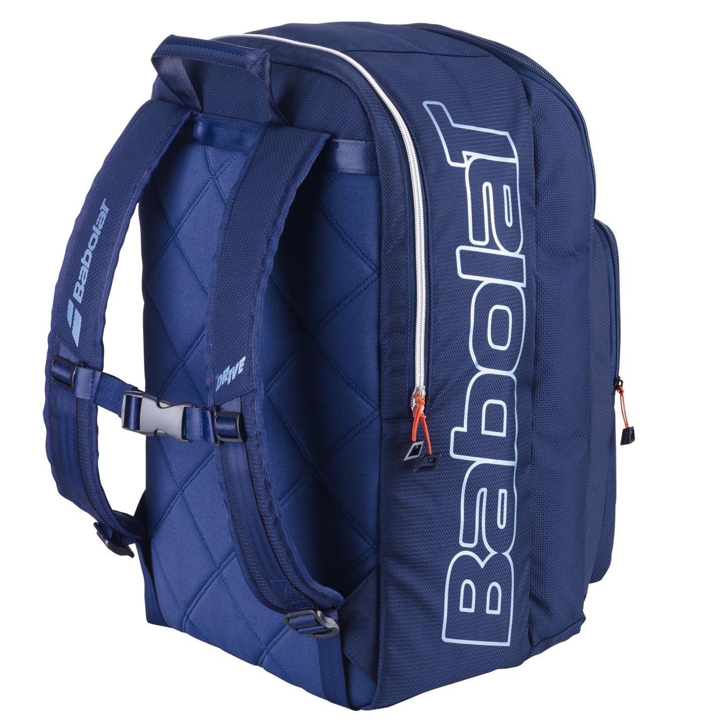 The Babolat Pure Drive Padel Backpack in blue features padded shoulder straps, a white logo, and durable recycled material. It includes a front zipper pocket, quilted texture, and orange zipper pulls. Ideal for stylishly carrying your essentials.