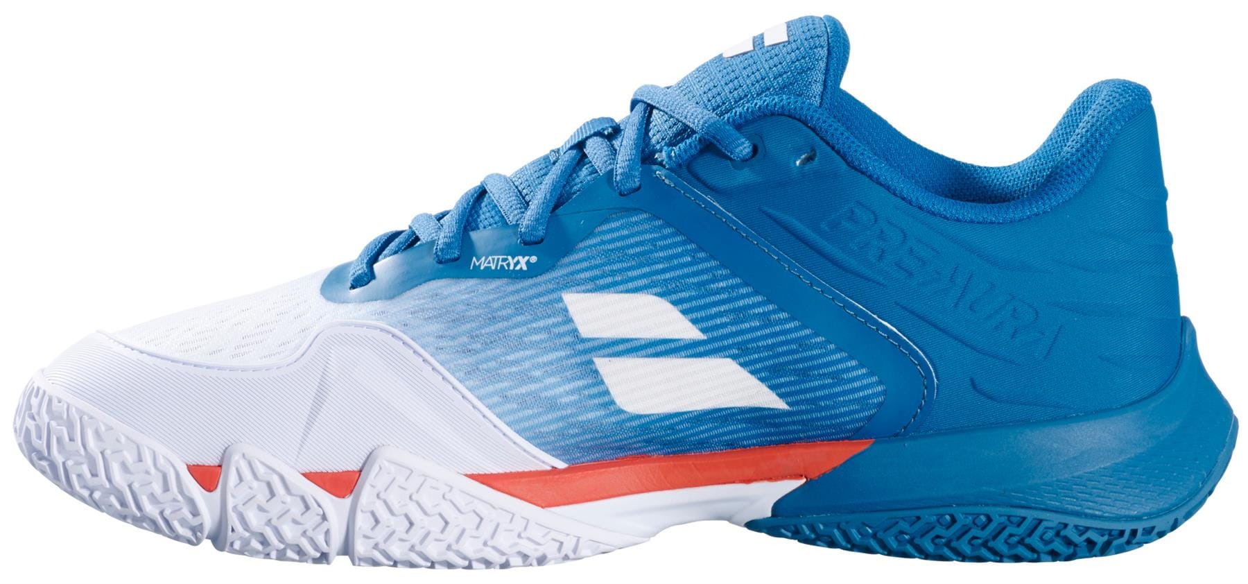 The Babolat Premura 3 Men's Padel Shoes - Seaport feature blue and white colors with red accents, bold white stripes, branding, a textured sole, and laces—ideal for padel or tennis.