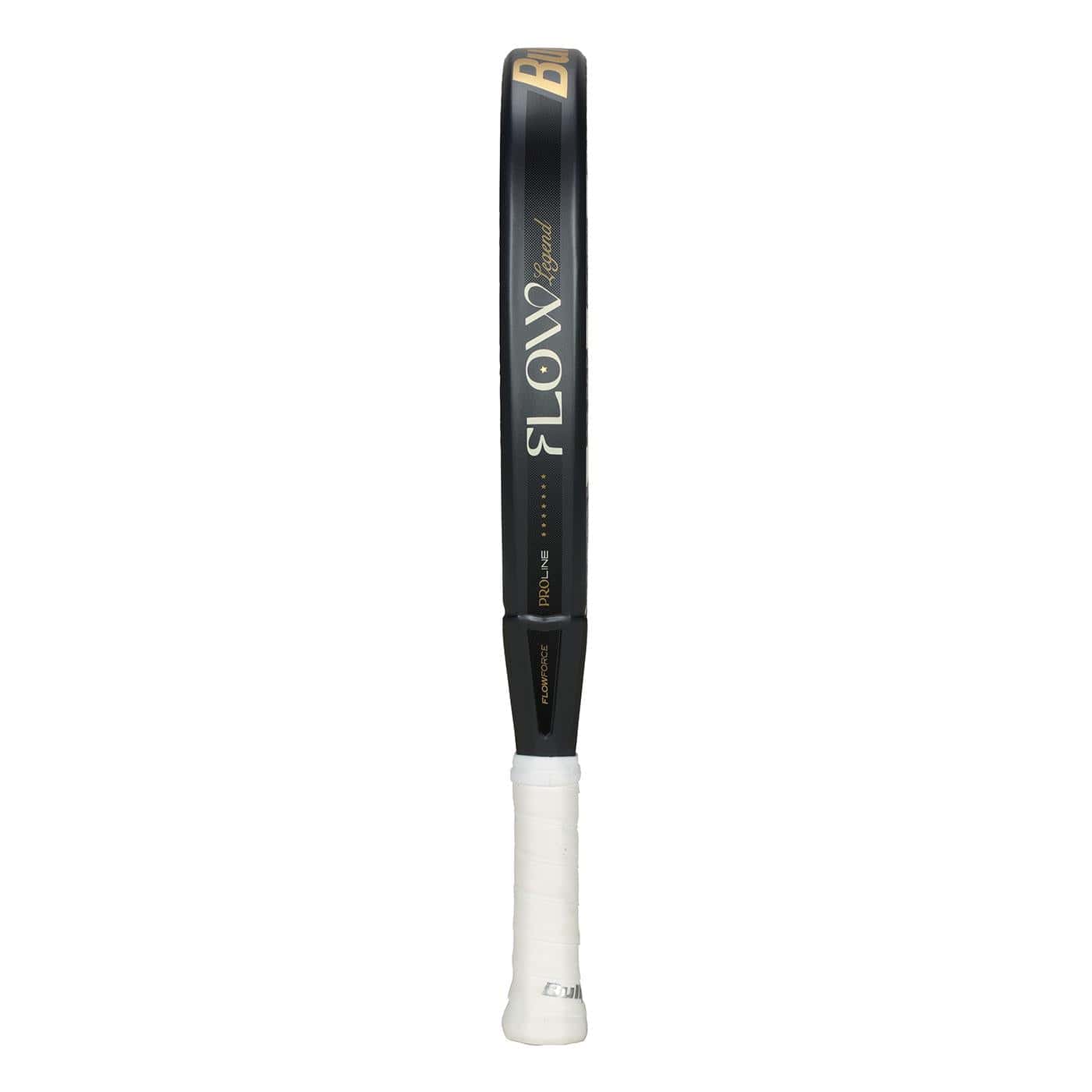 The Bullpadel Flow Legend 2026 Padel Racket in black features "FLOW" in bold white on the frame, a white handle grip, and advanced Flowforce technology for superior performance.
