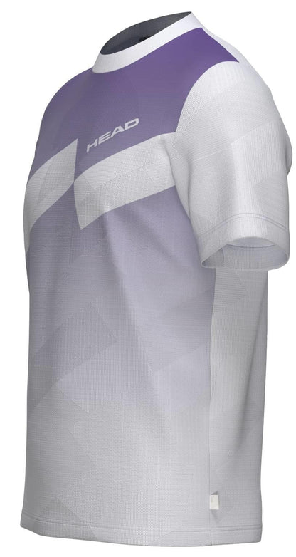 The HEAD Pro Mens Padel T-Shirt - PUXP is a short-sleeved, breathable shirt with a geometric pattern in white, gray, and purple and a chest logo, offering a modern fitted design for top sportswear performance.