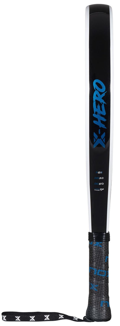 The NOX X-Hero White Padel Racket by NOX features a black and white design, blue "NOX X-Hero" branding, a textured grip handle, and a convenient wrist strap inspired by beginner padel racket styles.