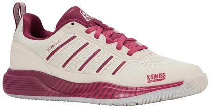 The K-Swiss Ultra Court Women's Padel Shoes in Jet Stream/Beaujois/Jazzy feature a mesh upper, pink laces, striped side details, and a thick sole with burgundy accents. The brand logo appears on the side and tongue.