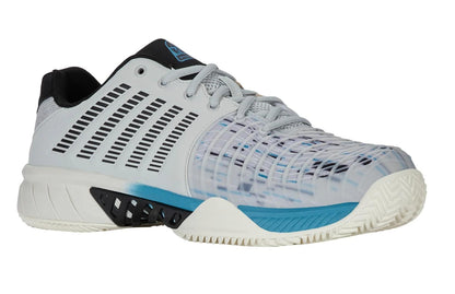 The K-Swiss Express Light 3 Men's Padel Shoes in Dawn Blue/Blue Moon/Black are athletic footwear with a mesh upper. Featuring DuraWrap Flex for durability and an HB Outsole for excellent traction, they are ideal for both sports and casual wear.