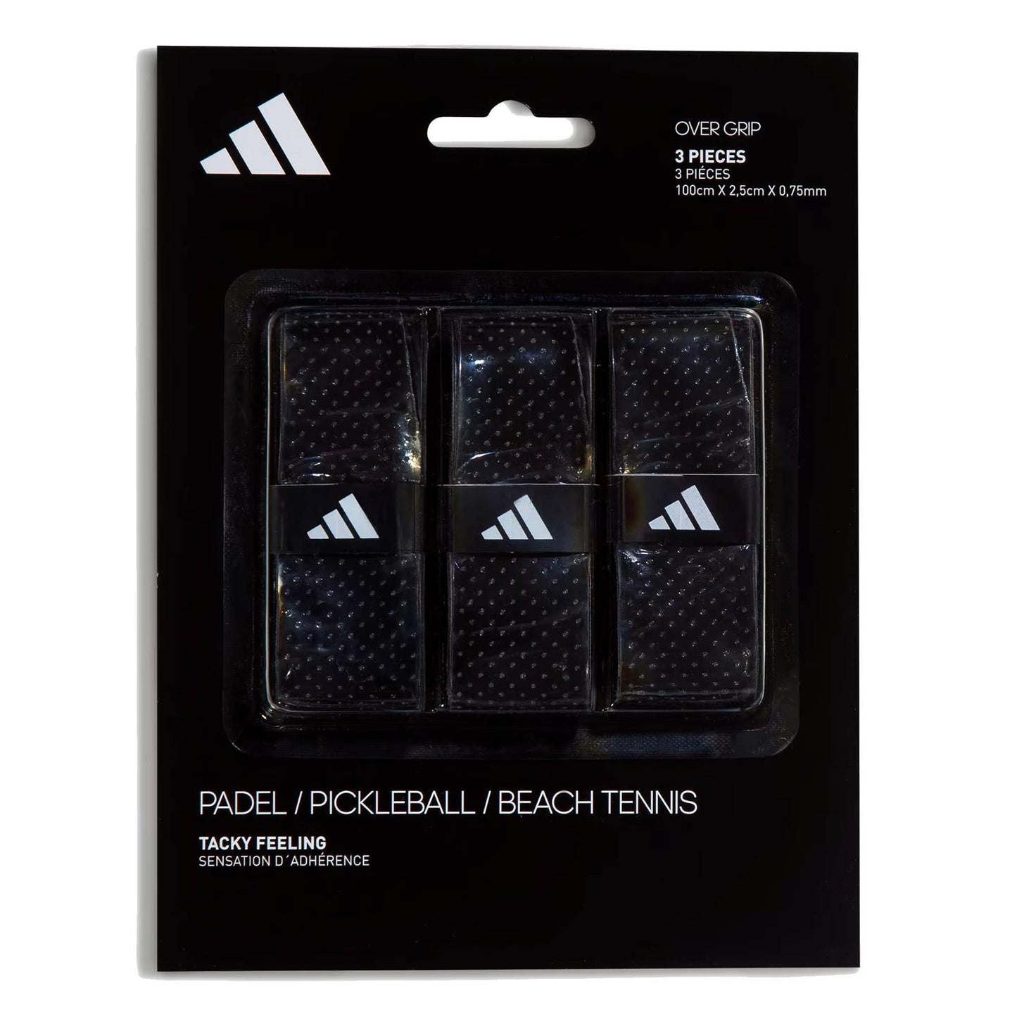 The adidas Padel Overgrips (3 Pack) - Black come in a black pack with clear plastic showing the grips, white adidas logo, and micro-perforations for comfort and performance in padel, pickleball, or beach tennis.