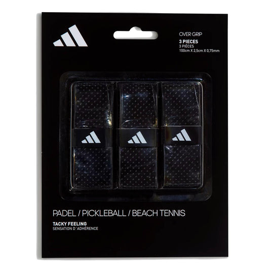 The adidas Padel Overgrips (3 Pack) - Black come in a black pack with clear plastic showing the grips, white adidas logo, and micro-perforations for comfort and performance in padel, pickleball, or beach tennis.