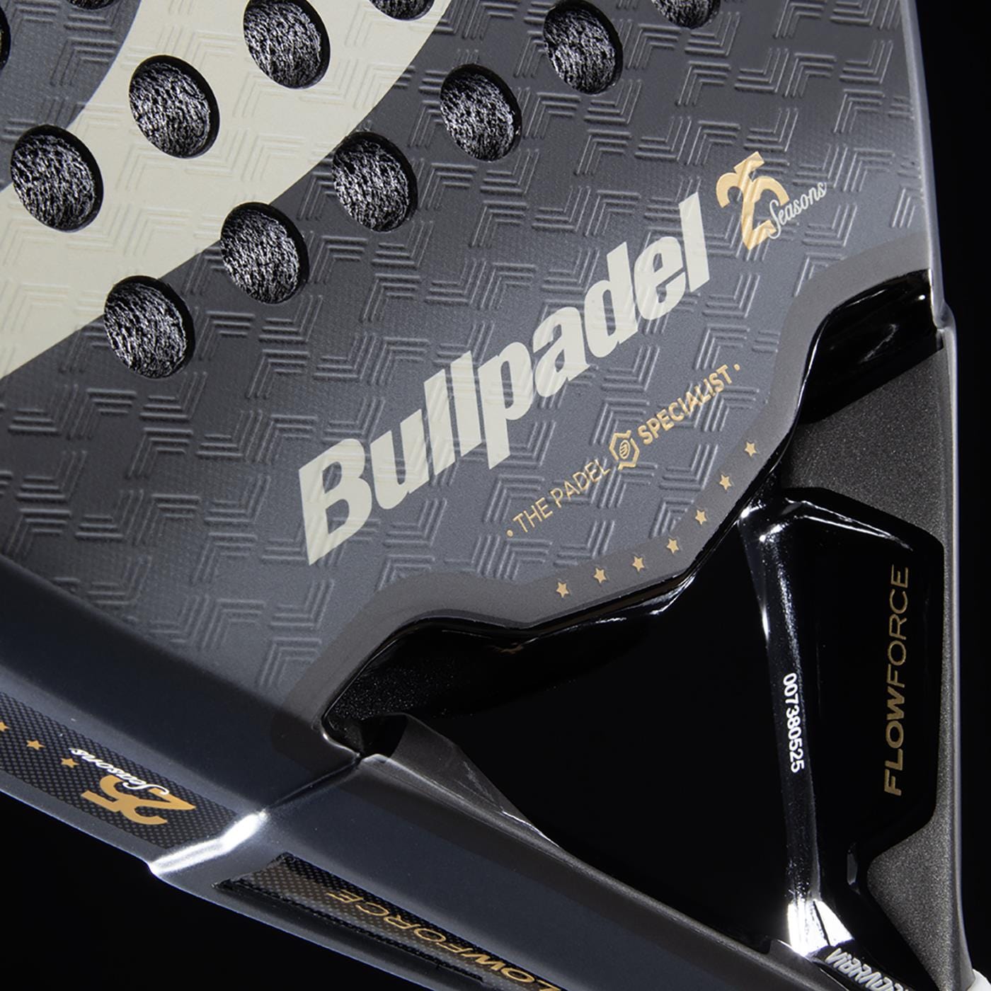 Close-up of the Bullpadel Flow Legend 2026 Padel Racket - Black, a women's racket featuring gold accents, a textured surface, visible “FLOWFORCE” technology on the frame, and prominent Bullpadel branding.