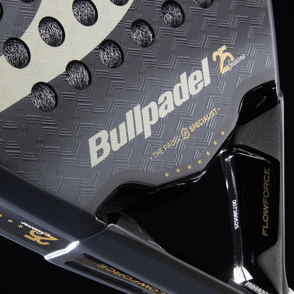 Close-up of the Bullpadel Flow Legend 2026 Padel Racket - Black, a women's racket featuring gold accents, a textured surface, visible “FLOWFORCE” technology on the frame, and prominent Bullpadel branding.