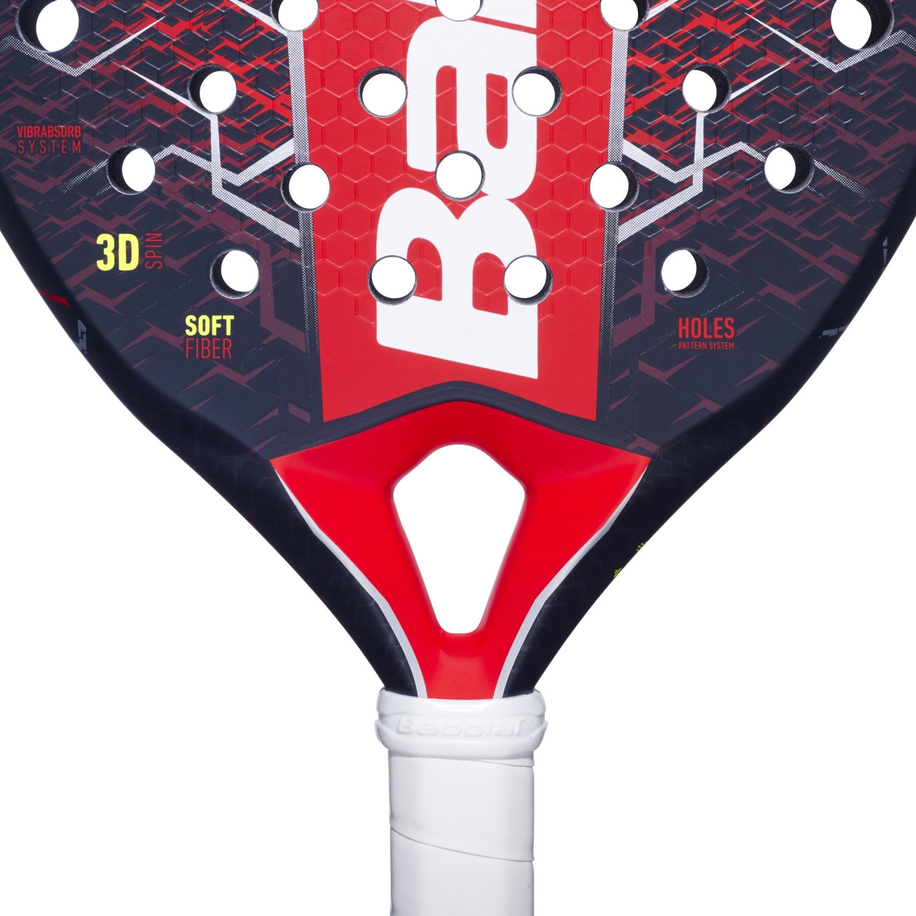 Close-up of the Babolat Technical Vertuo 2.5 Padel Racket in red and black, featuring a white handle, bold branding, textured patterns, and labels like "Vibrabsorb System" and "3D Spin," designed for power and comfort.