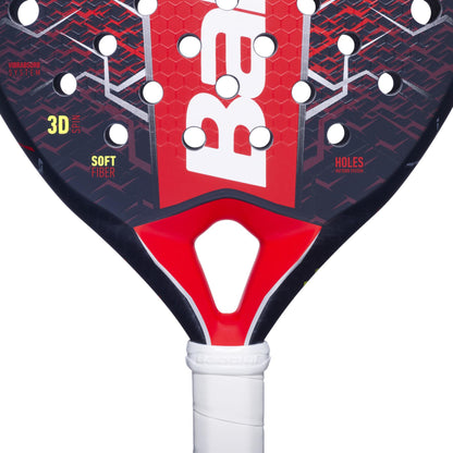 Close-up of the Babolat Technical Vertuo 2.5 Padel Racket in red and black, featuring a white handle, bold branding, textured patterns, and labels like "Vibrabsorb System" and "3D Spin," designed for power and comfort.