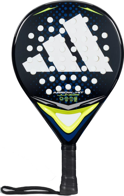 The adidas Arrow Hit Junior White / Blue Padel Racket features blue and white colors, a large adidas logo, and circular holes. Designed for young players, this lightweight racket includes a comfortable grip and wrist strap for secure handling on court.