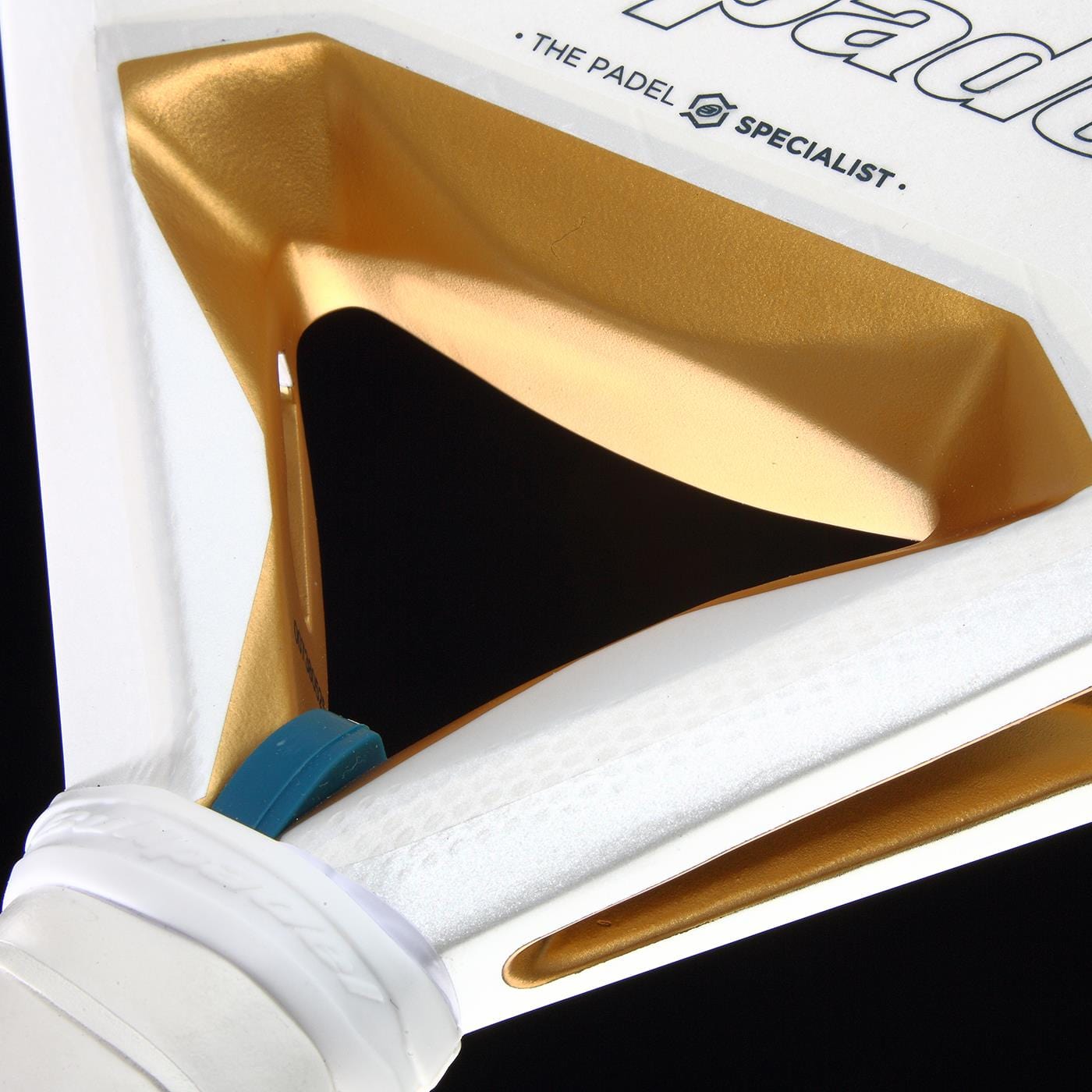Close-up of the lightweight Bullpadel Pearl 2026 Padel Racket - White by Bullpadel, featuring gold detailing, “The Padel Specialist” on the frame, and a white grip with teal overgrip—engineered for injury prevention.