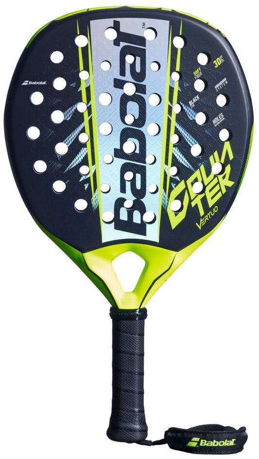 The Babolat Counter Vertuo 2.6 Padel Racket by Babolat features a stylish black and yellow design, circular face holes, a black grip, and a wrist strap with the Babolat logo.