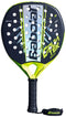 The Babolat Counter Vertuo 2.6 Padel Racket by Babolat features a stylish black and yellow design, circular face holes, a black grip, and a wrist strap with the Babolat logo.