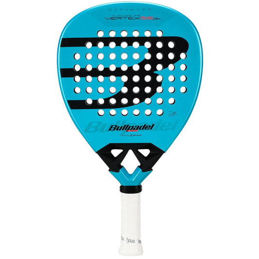 The Bullpadel Vertex 05 W 2026 Padel Racket in Black/Blue features a large black "B" logo, circular holes on the face, and a white grip handle.