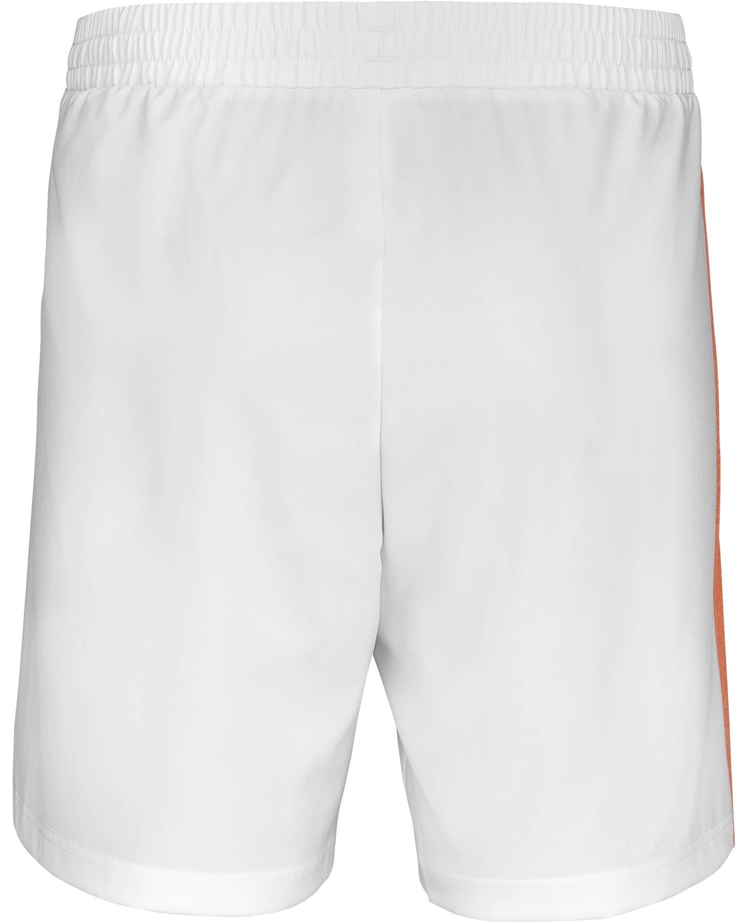 Babolat Play Mens Padel Shorts in white, shown from the back with an elastic waistband and a vertical orange stripe on the right—ideal for racket sports. Brand: Babolat.