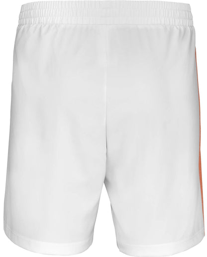 Babolat Play Mens Padel Shorts in white, shown from the back with an elastic waistband and a vertical orange stripe on the right—ideal for racket sports. Brand: Babolat.