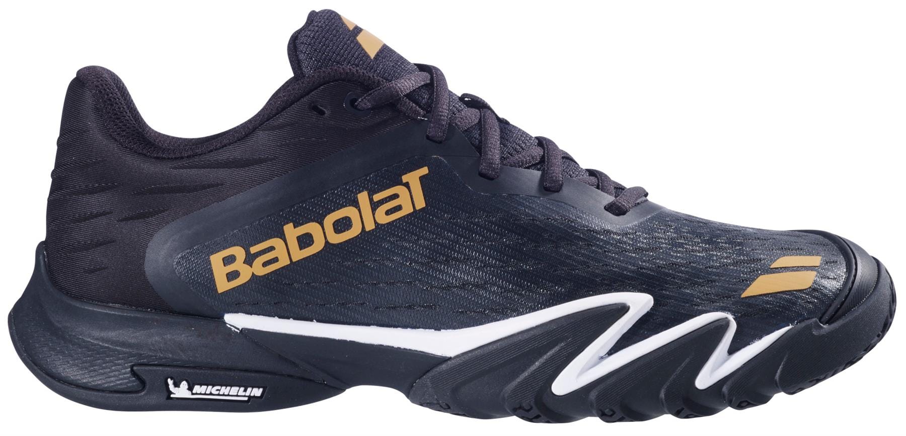 The Babolat Premura 3 Men's Padel Shoes in Black/Gold feature gold branding, a textured upper, white midsole details, and a Michelin outsole logo. Wavy sculpted side accents add a dynamic touch to the stylish design.