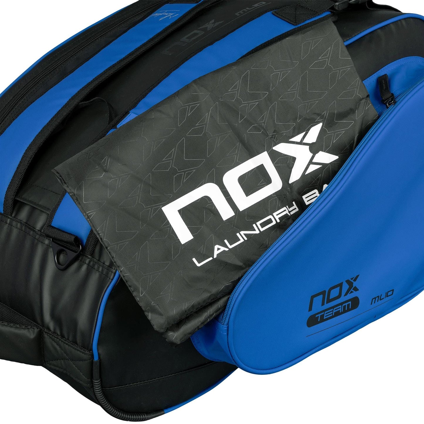 A close-up of the NOX ML10 Team Padel Racket Bag - Black / Blue, with a gray "nox" laundry bag partially pulled from a zippered compartment and "NOX TEAM ML10" branding on the main section.