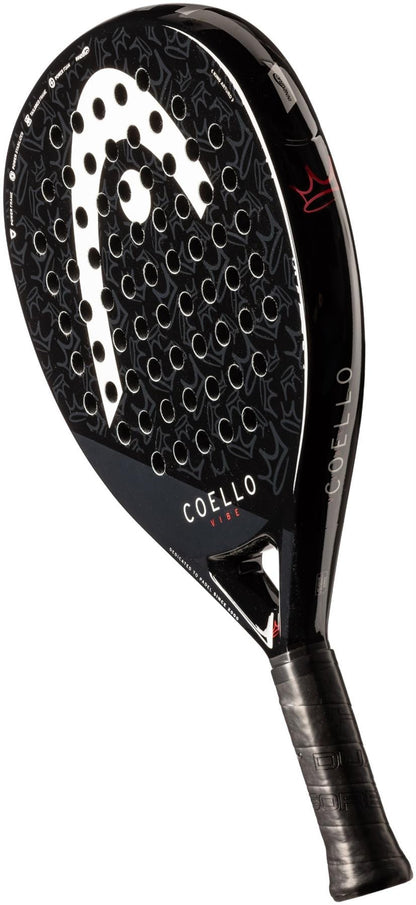 The HEAD Coello Vibe 2025 Padel Racket - Black features a textured surface, round holes, a wrapped grip handle, and Arturo Coello’s signature—ideal for beginners seeking quality from HEAD.