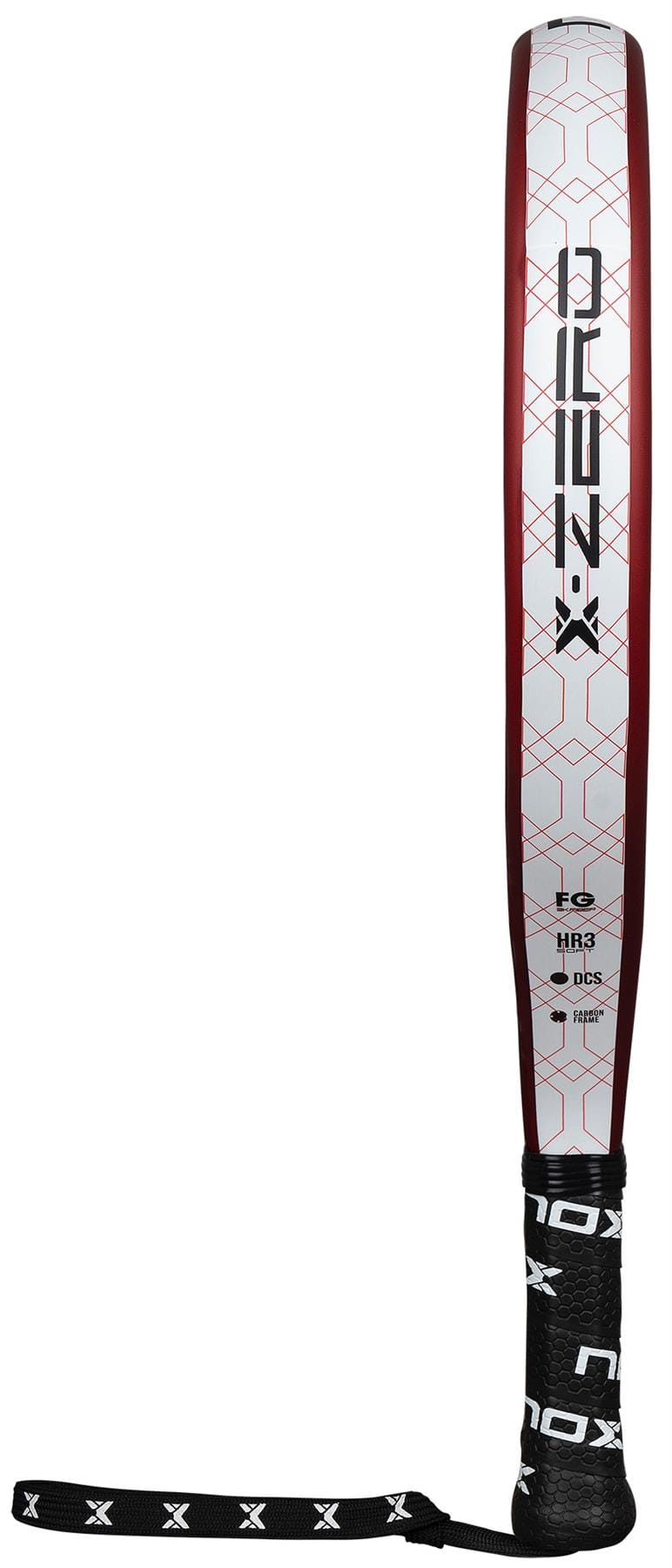 The NOX X-Zero Red Padel Racket features a white and red hexagonal design, black grip with NOX branding, black wrist strap, and geometric patterns with branding on the face.