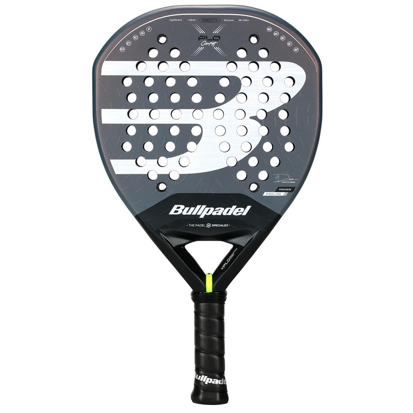 The Bullpadel XPLO Comfort 2026 Padel Racket - Grey features a black grip, round perforated face, bold white "B" logo, and expert branding for explosive power and comfort.
