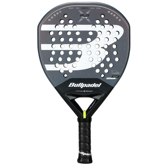 The Bullpadel XPLO Comfort 2026 Padel Racket - Grey features a black grip, round perforated face, bold white "B" logo, and expert branding for explosive power and comfort.