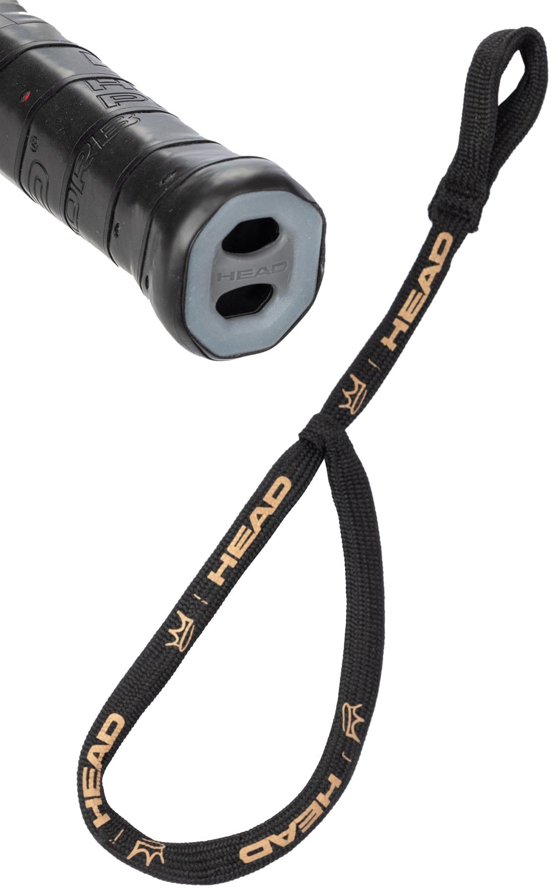 Close-up of the HEAD Coello Motion 2026 Padel Racket handle with a textured grip and black wrist strap displaying "HEAD" in beige, highlighting the diamond-shaped design.