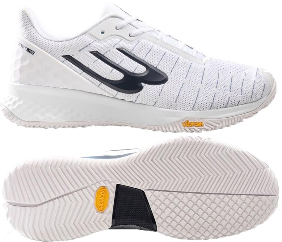 The Bullpadel X-Plo Vibram 26V Men's Padel Shoe in white features a textured Vibram outsole, black side logo, subtle gray upper lines, and yellow "Vibram" branding on the side and sole—perfect for advanced padel players.