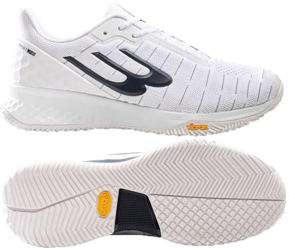 The Bullpadel X-Plo Vibram 26V Men's Padel Shoe in white features a textured Vibram outsole, black side logo, subtle gray upper lines, and yellow "Vibram" branding on the side and sole—perfect for advanced padel players.