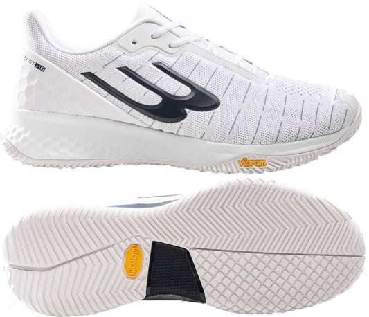 The Bullpadel X-Plo Vibram 26V Men's Padel Shoe in white features a textured Vibram outsole, black side logo, subtle gray upper lines, and yellow "Vibram" branding on the side and sole—perfect for advanced padel players.