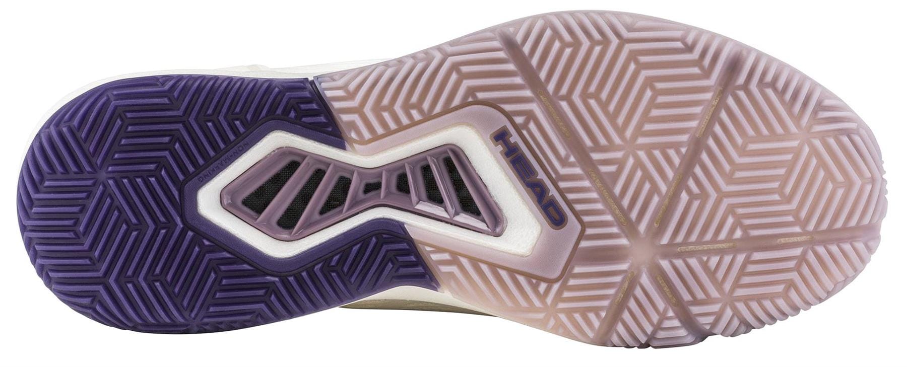 The image features the HEAD Motion Pro 1.5 Womens Padel Shoe in Chalk White/Purple, showing a geometric tread sole in light and dark purple with "HEAD" at the center—engineered for padel players needing traction and comfort on court.