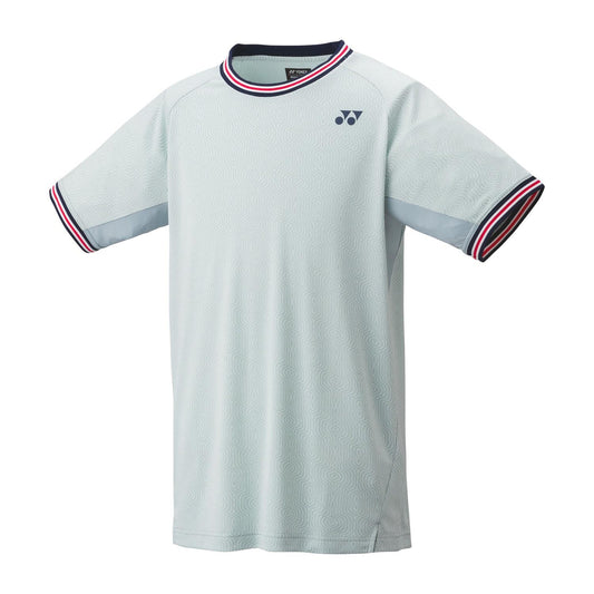 Introducing the Yonex 10578 Crew Neck Men's Padel T-Shirt in Crystal Blue, a short-sleeve shirt featuring a subtle pattern and adorned with navy and red striped trim on the collar and sleeves. Equipped with VeryCool technology for optimal comfort, it also sports a small dark logo on the left chest.