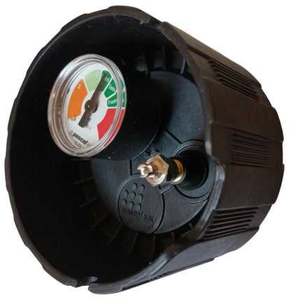 A close-up of a Bullpadel Pascal Padel Ball Pressuriser - 3 Ball Tube pressure gauge with a round dial featuring red, yellow, and green sections, plus a central metal nozzle.