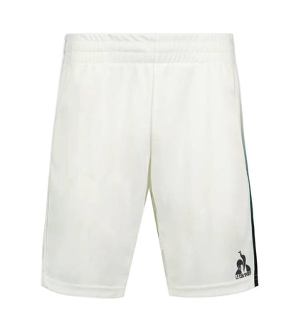 Le Coq Sportif Pro Mens Padel Shorts in Marshmallow feature an elastic waistband, breathable fabric, a small black logo on the left leg, and a dark green stripe down the right side. Shown against a plain white background.