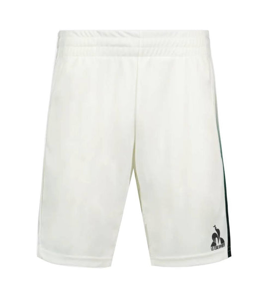 Le Coq Sportif Pro Mens Padel Shorts in Marshmallow feature an elastic waistband, breathable fabric, a small black logo on the left leg, and a dark green stripe down the right side. Shown against a plain white background.