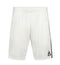 Le Coq Sportif Pro Mens Padel Shorts in Marshmallow feature an elastic waistband, breathable fabric, a small black logo on the left leg, and a dark green stripe down the right side. Shown against a plain white background.